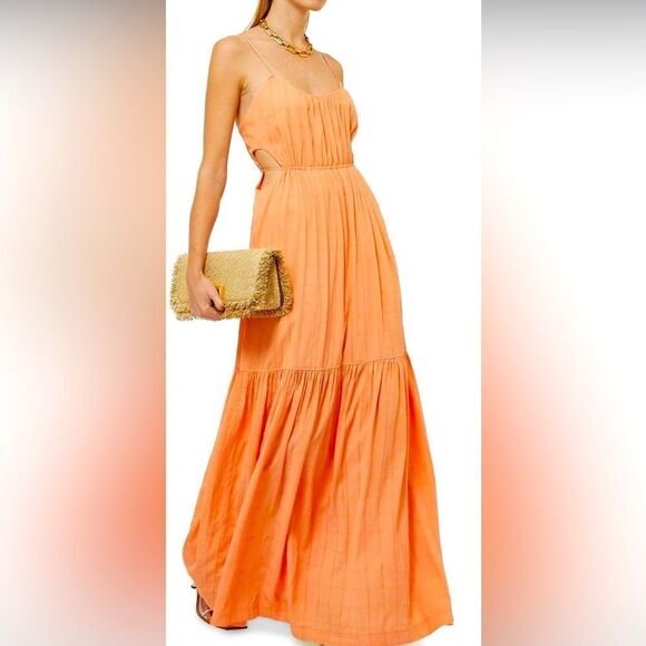 Jonathan Simkhai Lisa Cut Out Orange Tiered Maxi Dress With Pockets Small - Picture 1 of 10